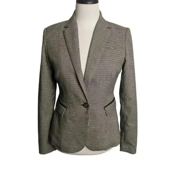 British Khaki Women's Small Houndstooth Pattern Single Button Blazer Elbow Pads - Picture 1 of 15